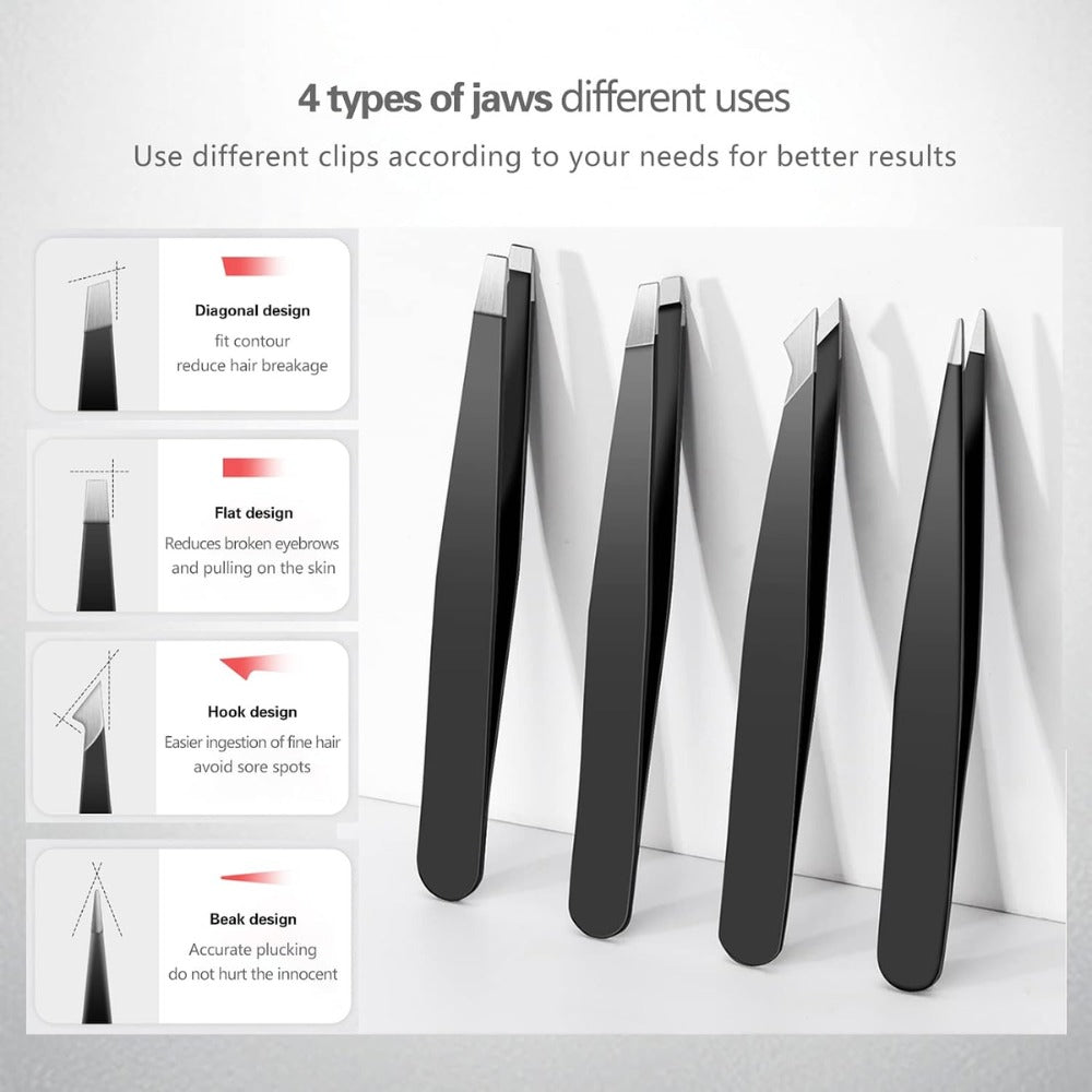 Derlaier 4-Piece Stainless Steel Tweezers Set – Black Eyebrow, Blackhead & Ingrown Hair Removal Tools