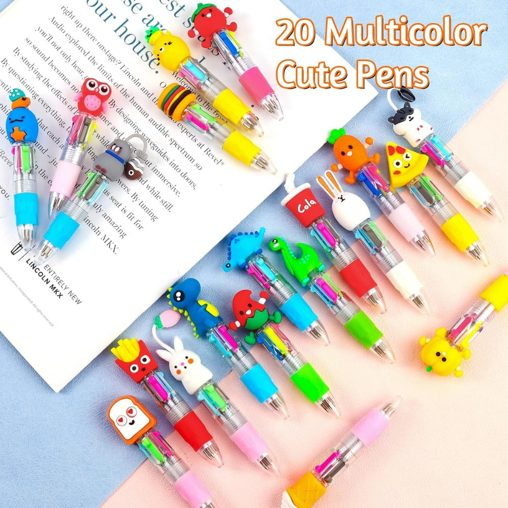 CZWZ 20-Piece Mini Multicolor 4-in-1 Cute Pens – Kawaii Cartoon Ballpoint Pens for Kids, Party Favors, School Supplies & Gifts