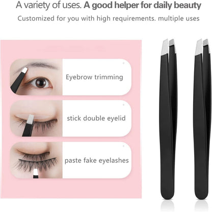 Derlaier 4-Piece Stainless Steel Tweezers Set – Black Eyebrow, Blackhead & Ingrown Hair Removal Tools