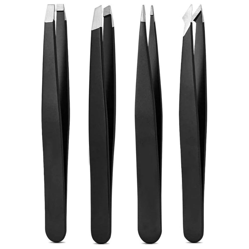 Derlaier 4-Piece Stainless Steel Tweezers Set – Black Eyebrow, Blackhead & Ingrown Hair Removal Tools