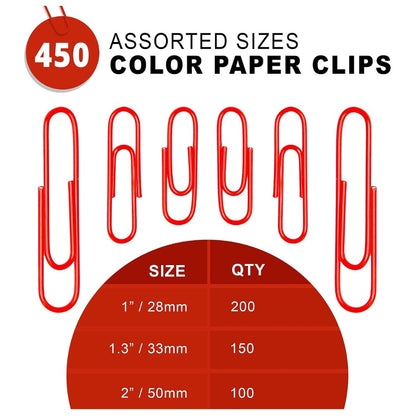 Kempshott 450 Red Vinyl-Coated Paper Clips – Assorted Sizes 28mm, 33mm & 50mm for Home, School & Office