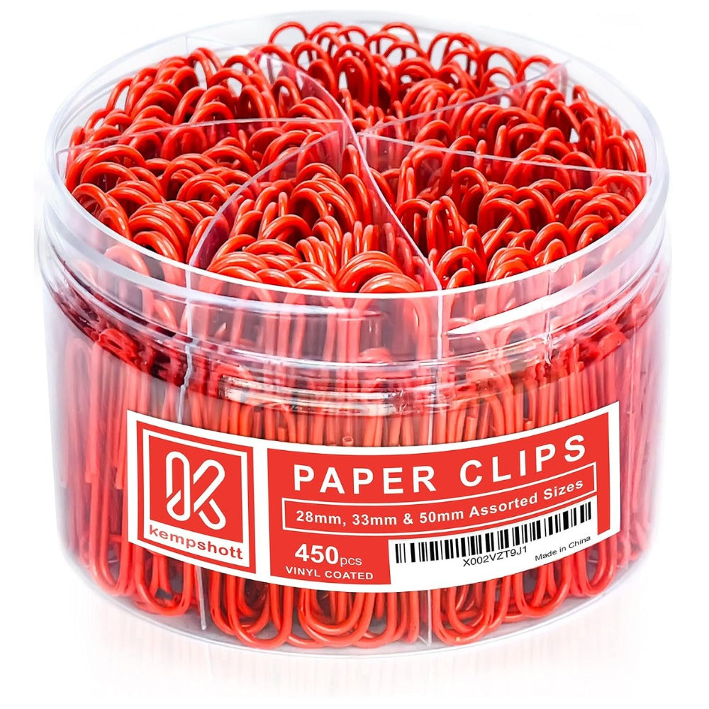 Kempshott 450 Red Vinyl-Coated Paper Clips – Assorted Sizes 28mm, 33mm & 50mm for Home, School & Office