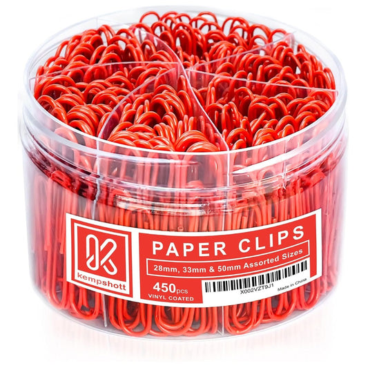 Kempshott 450 Red Vinyl-Coated Paper Clips – Assorted Sizes 28mm, 33mm & 50mm for Home, School & Office